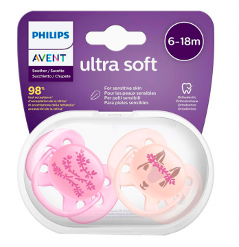 AVENT - Lot de 2 sucettes ultra doux 6-18 mois Ecureuil/Fleurs