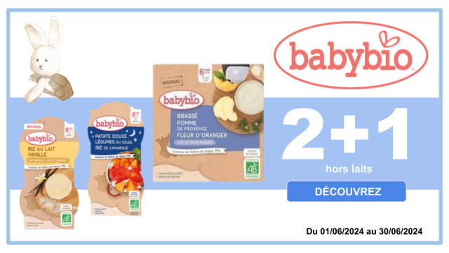 BABYBIO 1 produit offert pour 2 produits achet&eacute;s, le moins cher des 3, hors laits