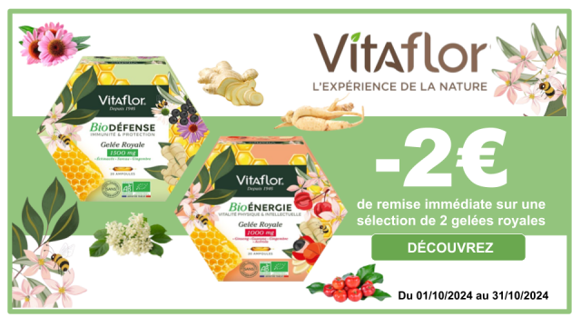 VITAFLOR -2€ de remise immédiate sur une sélection de 2 gelées royales Défense et Énergie, boîtes de 20 ampoules